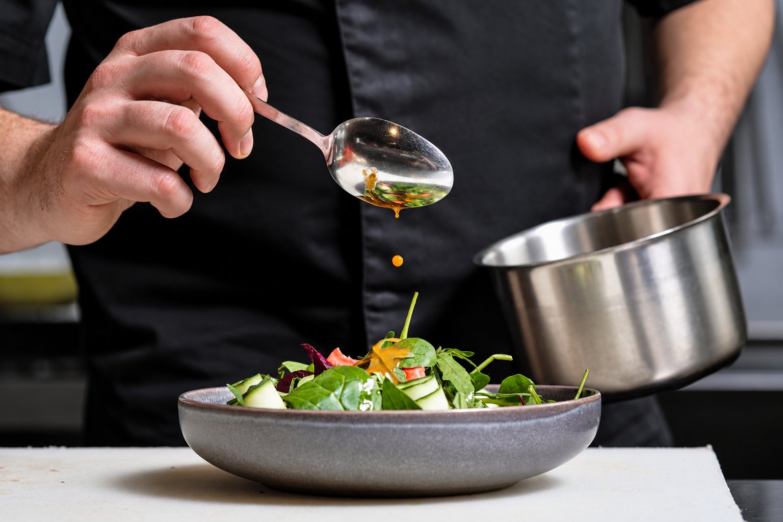 Un cuisinier en tenue noire fait couler une sauce dorée avec une cuillère sur une salade verte dressée dans une assiette creuse grise, une casserole en inox dans l'autre main.