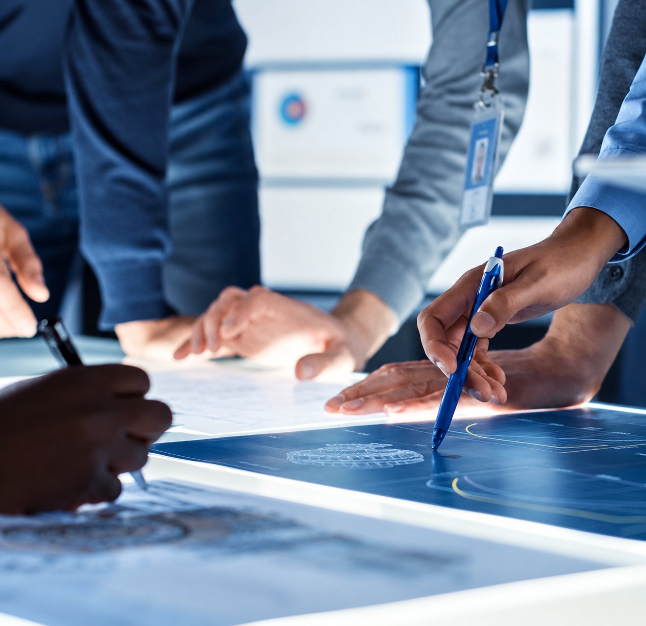 Plusieurs collègues penchés sur une table lumineuse montrent un plan bleu avec un stylo, lors d'une réunion de travail.