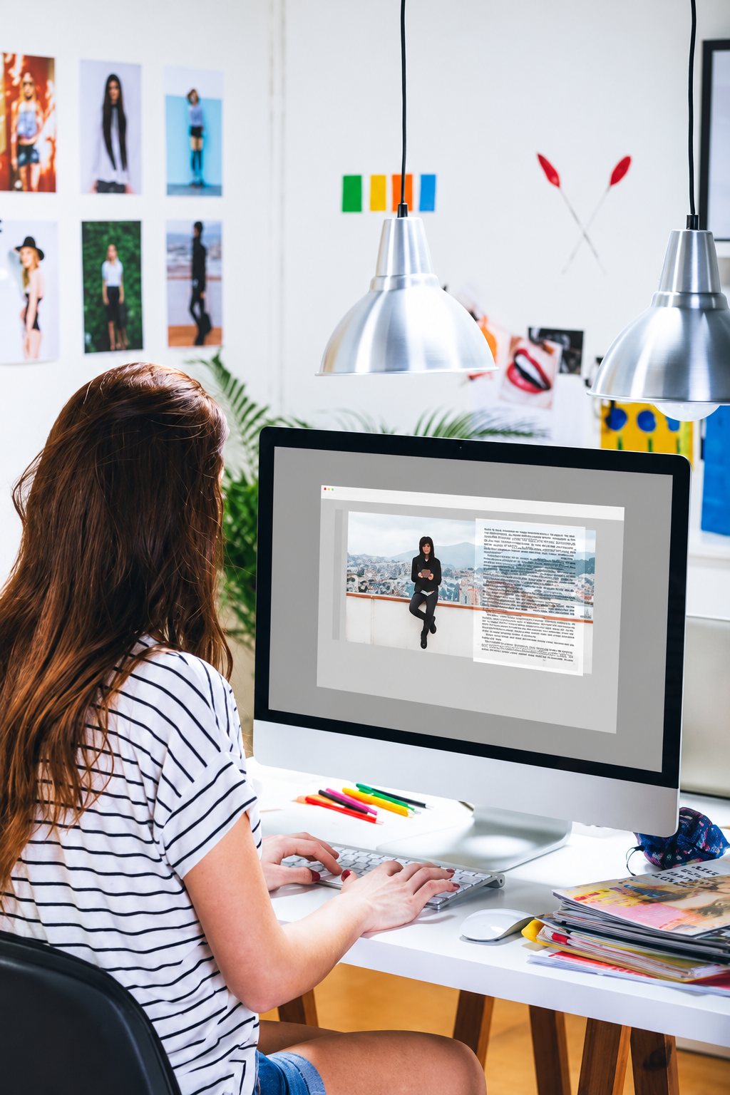 Une jeune femme aux cheveux longs, vue de dos, est assise à un bureau devant un grand écran affichant une maquette de magazine, avec des photos de mode accrochées au mur.