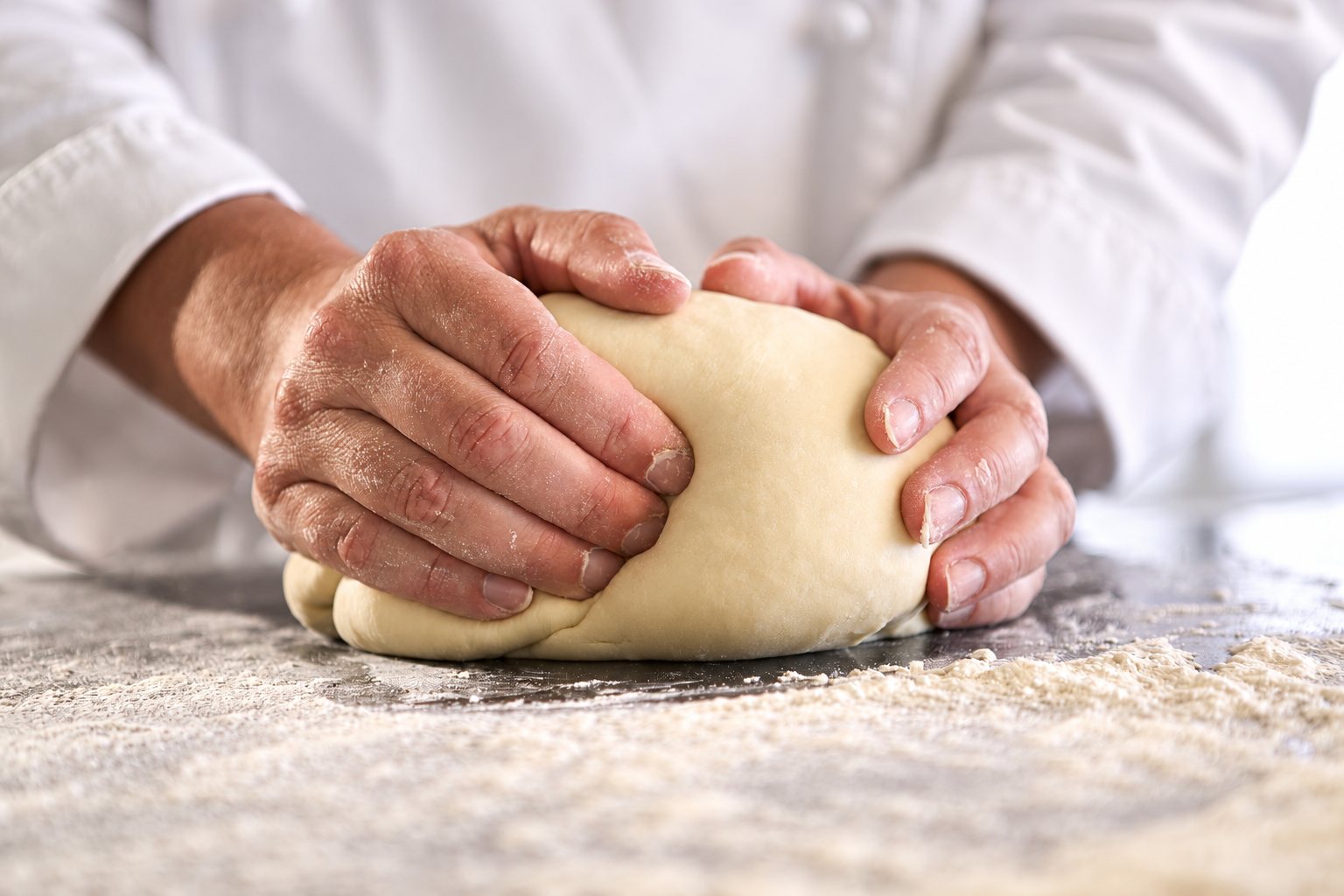 Gros plan sur les mains farinées d'un boulanger en tenue blanche qui façonne une boule de pâte sur un plan de travail fariné.