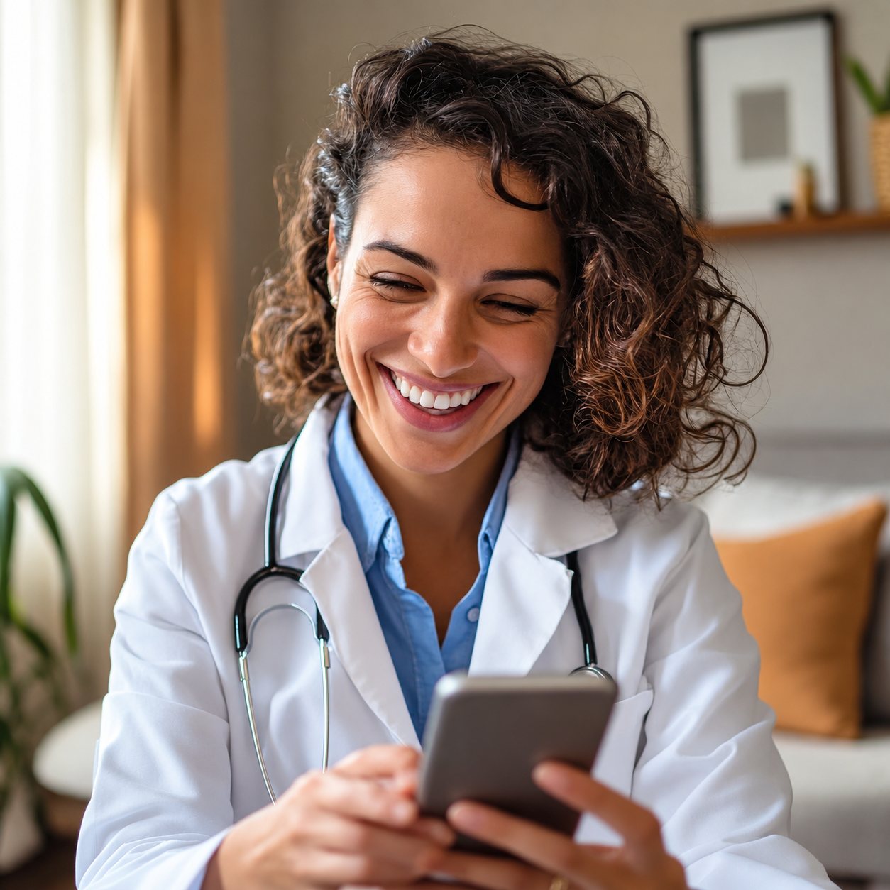 Une médecin aux cheveux bouclés, vêtue d'une blouse blanche et d'un stéthoscope, sourit en regardant son téléphone dans une pièce chaleureuse.