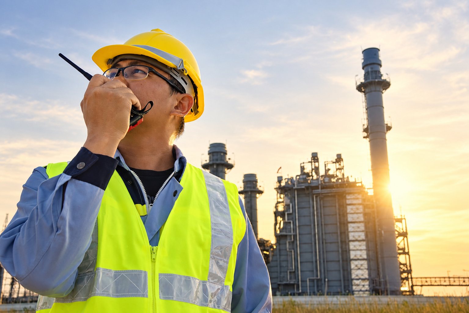 Un ouvrier portant casque jaune et gilet fluorescent parle dans une radio portative devant une centrale industrielle au soleil couchant.