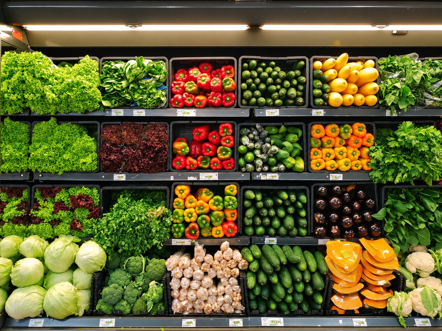 Un rayon de supermarché présente des légumes frais variés, comme des poivrons, des courgettes, des salades, des choux et des concombres, rangés dans des bacs.