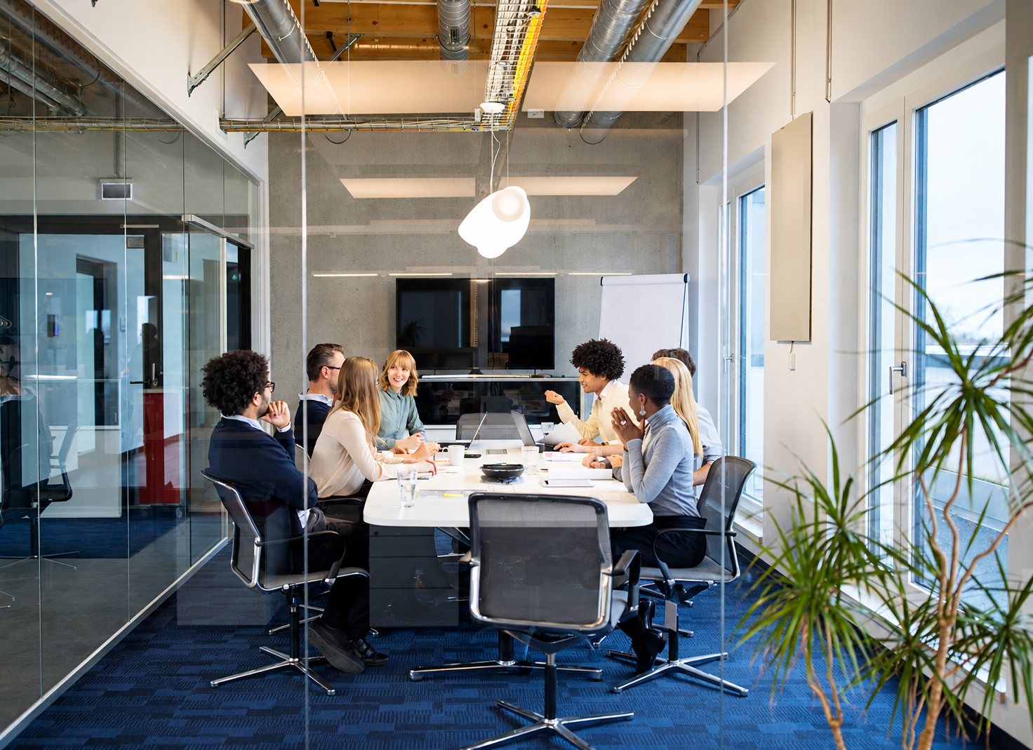 Un groupe de collègues discute autour d'une table blanche dans une salle de réunion vitrée aux plafonds industriels, avec une plante verte au premier plan.